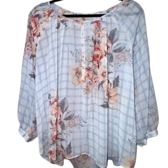 LC Lauren Conrad blue Floral Sheer Blouse XL Professional Career Workwear Office - Picture 2 of 8